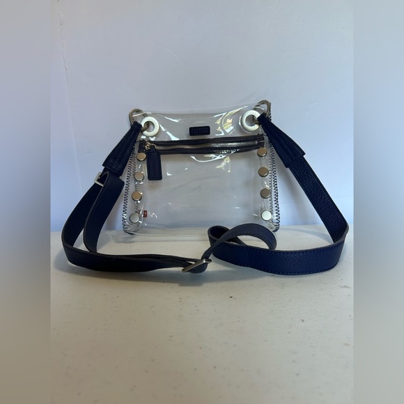 Hammitt Tony Small Clear Grommet Studded Crossbody Bag Leather Strap Blue Zip - Picture 1 of 8